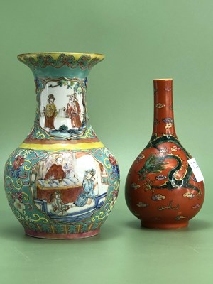 Lot 1225 - A Chinese coral ground bottle vase painted...