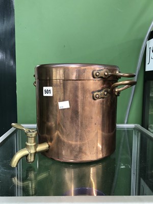 Lot 501 - A two handled copper cylindrical urn and cover...