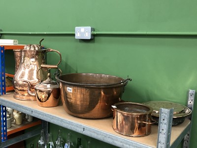 Lot 513 - Copper: a large jug, a jam pan, a kettle, a...