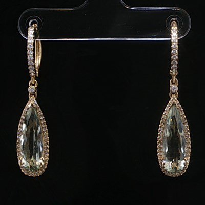 Lot 1028 - A pair of yellow gold long drop earrings set...