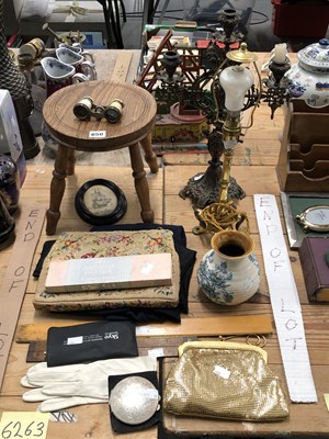 Lot 650 - A copper three light candelabrum, a brass...