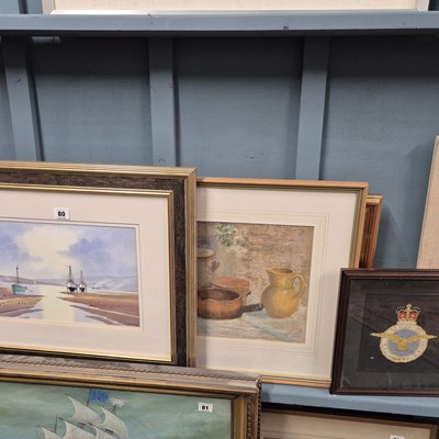 Lot 80 - Three watercolours and a framed RAF badge