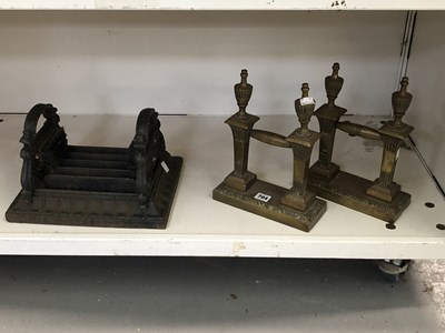 Lot 704 - A pair of brass andirons together with an iron...