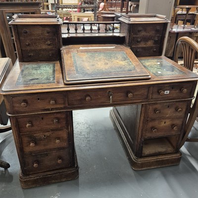 Lot 94 - A late Victorian oak Dickens desk H 110 W 129...