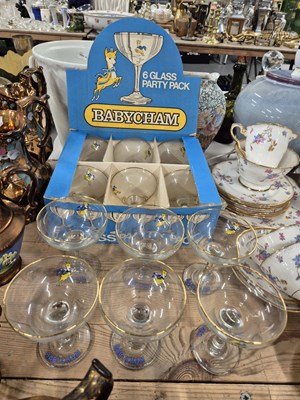 Lot 720 - Babycham glasses, copper lustre jugs together...