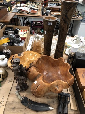Lot 738 - Two carved wood bowls, two wooden pricket...