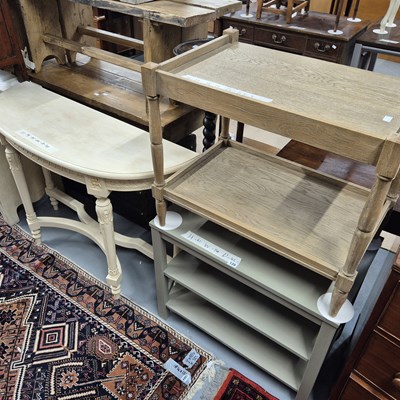Lot 120 - A demi lune hall table, a two tier tea table...