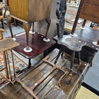 Lot 133 - A vintage bow saw and a carved spinner's chair