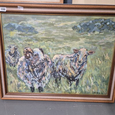 Lot 155 - Pat Bussey, sheep in a field, oil on board
