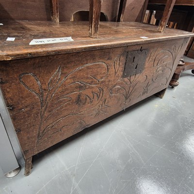 Lot 195 - An early 18th century oak plank coffer H 49cm...
