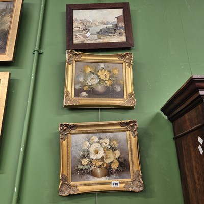Lot 218 - Two floral oil panitngs and a small watercolour