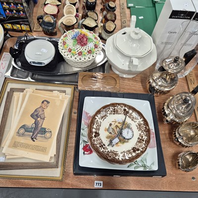 Lot 773 - A silver plated tea set, vintage prints, a...