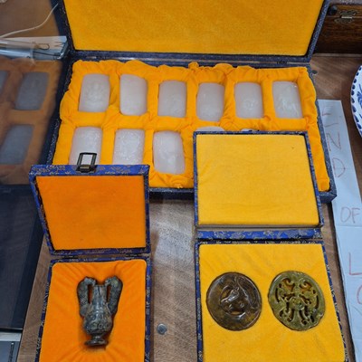 Lot 786 - A set of Chinese celadon jade colour glass...