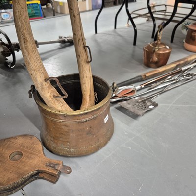 Lot 799 - A set of fire irons, a copper pan and kettle,...