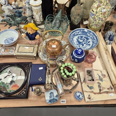 Lot 803 - A large bird decorated tile, a blue and white...