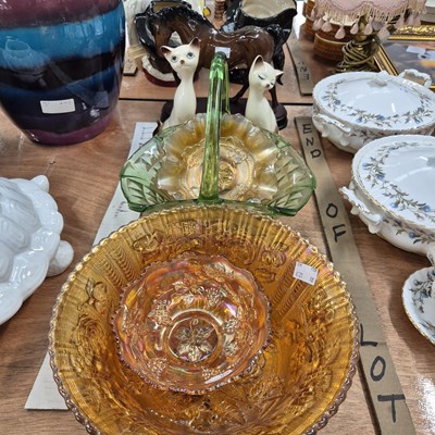 Lot 842 - Carnival glass, a shire horse figure and two cats
