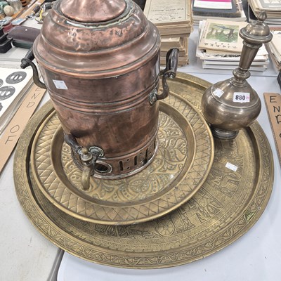 Lot 880 - Two brass trays, a copper water boiler and an...