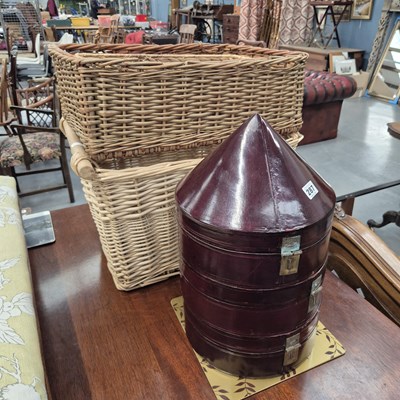 Lot 287 - An oriental lacquer food box and two wicker...