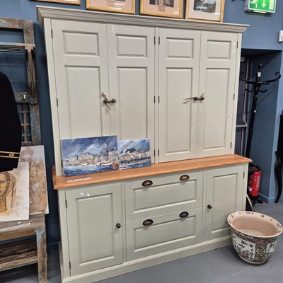 Lot 298 - A large painted pine housekeeper type cabinet,...