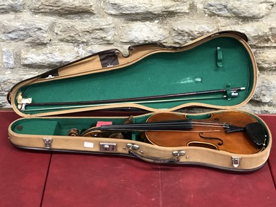 Lot 1138 - An unmarked violin and a bow in a Edward...