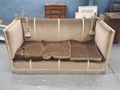 Lot 1192 - A three seat knole settee upholstered in lilac...