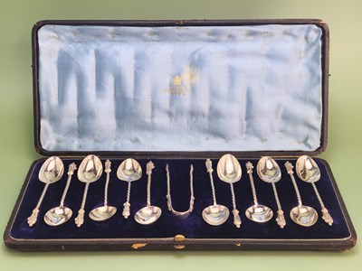Lot 1032 - A cased set of twelve silver apostle tea...