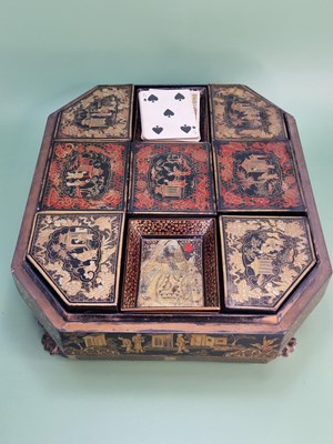 Lot 1050 - A 19th century Chinese lacquer games box, the...