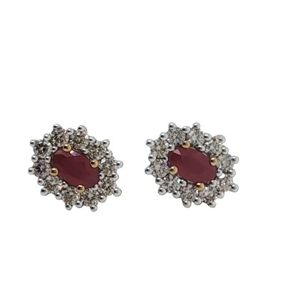 Lot 1106 - A pair of yellow gold oval ruby and brilliant...