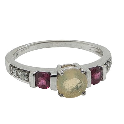 Lot 1120 - 9ct white gold ring set with a round opalite...