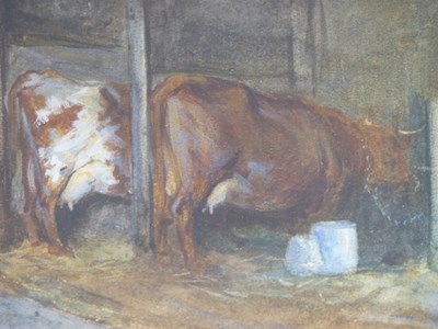 Lot 1307 - 19th century, two cows feeding in a byre,...