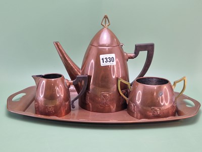 Lot 1330 - A WMF art nouveau copper three piece tea set...