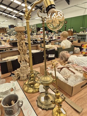 Lot 620 - Two brass Aladdin oil lamps, a brass...