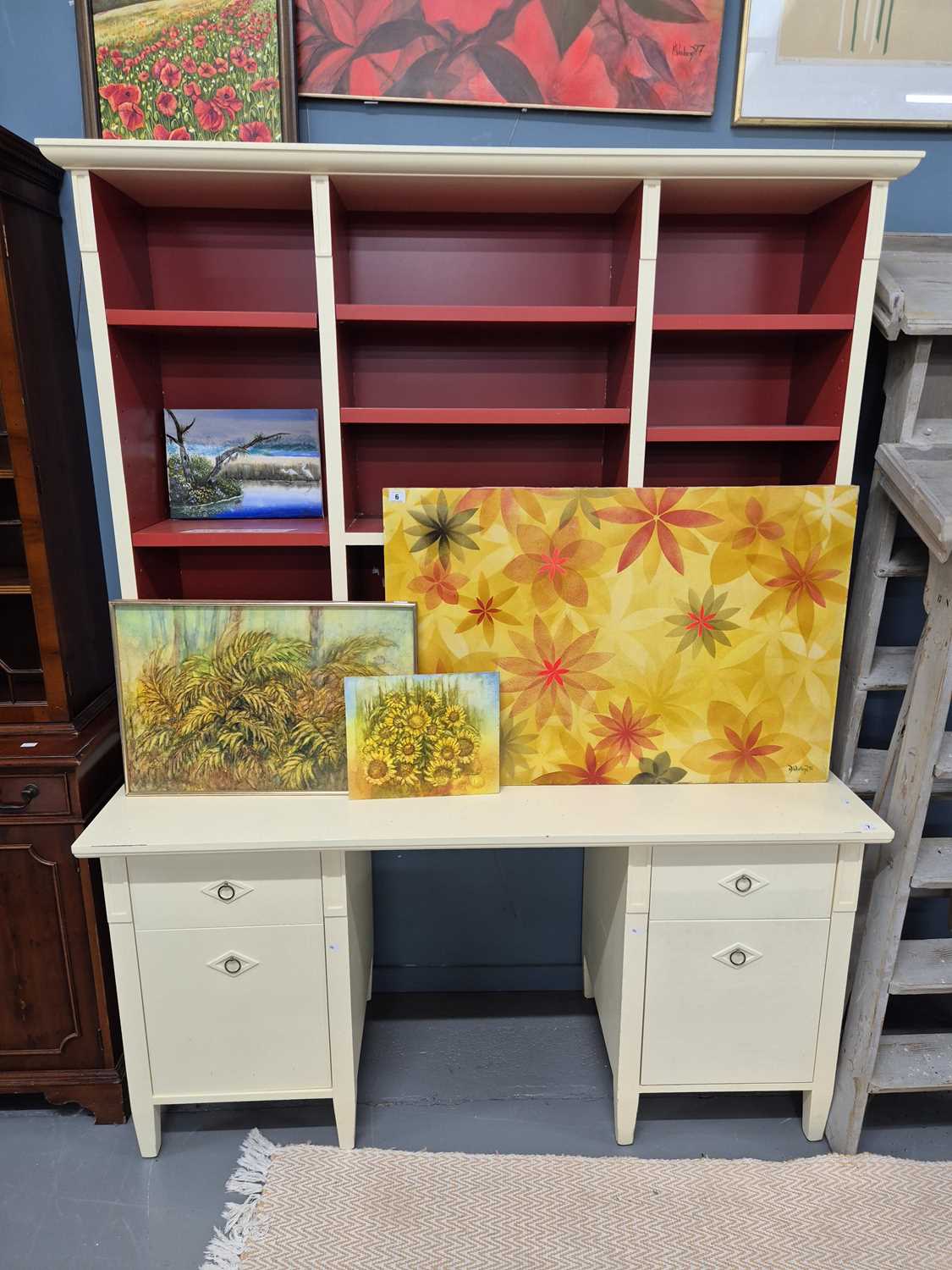 Lot 7 - A large modern desk with a raised bookcase...