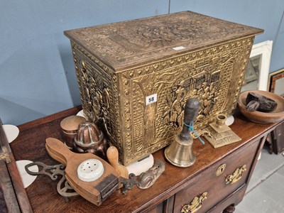 Lot 58 - A brass coal box, a brass hand bell, copper...