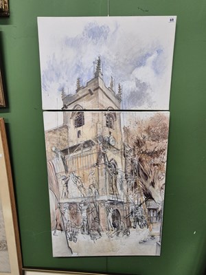Lot 69 - Contemporary school, restoring the church, oil...