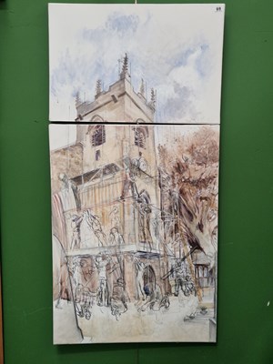 Lot 69 - Contemporary school, restoring the church, oil...