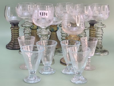 Lot 1374 - A set of six green stemmed rummers, nine...