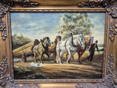 Lot 114 - A continental school oil on board, 'Hauling...