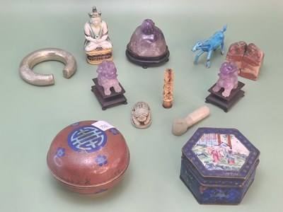 Lot 1395 - A pair of Chinese amethyst lions, an amethyst...