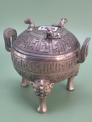 Lot 1416 - A Chinese paktong two handled censer and cover...