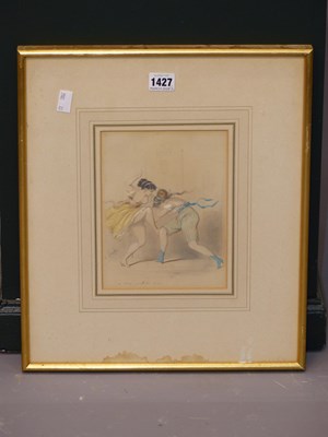 Lot 1427 - A hand coloured print of two ladies fighting...