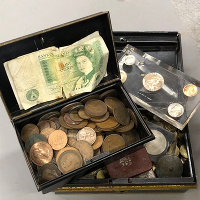 Lot 1187 - Coins and banknotes; two one pound notes, a...