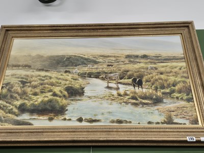 Lot 195 - A large gilt framed print, cattle watering in...