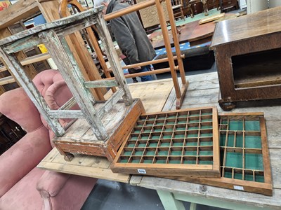 Lot 275 - Two printer's trays and two rustic painted stands