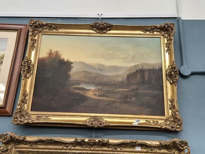 Lot 298 - Oil on canvas, figures on a path in woodland...