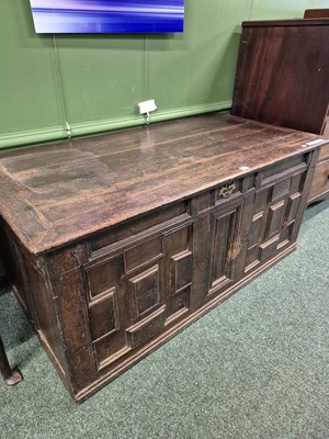 Lot 371 - An 18th century oak panel front coffer H 61 W...