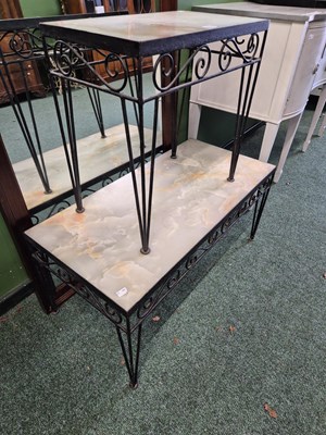 Lot 374 - Two marble topped wrought metal framed...