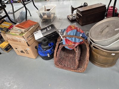 Lot 663 - A coal scuttle, alloy cook pans, log baskets,...