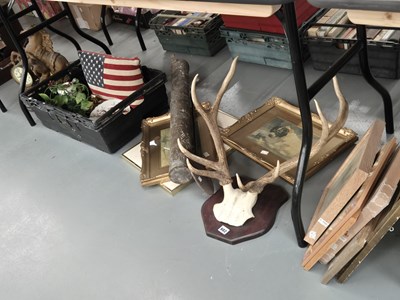 Lot 682 - Stag antlers, a Victorian spelter Marley horse...