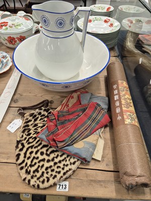 Lot 713 - A Leopard skin ladies bag, a wash jug and bowl,...